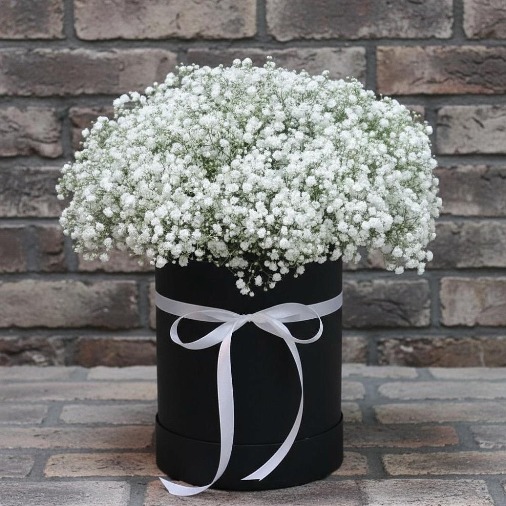 Цветочная композиция из Гипсофила в шляпной коробке в Устье Вологодская область