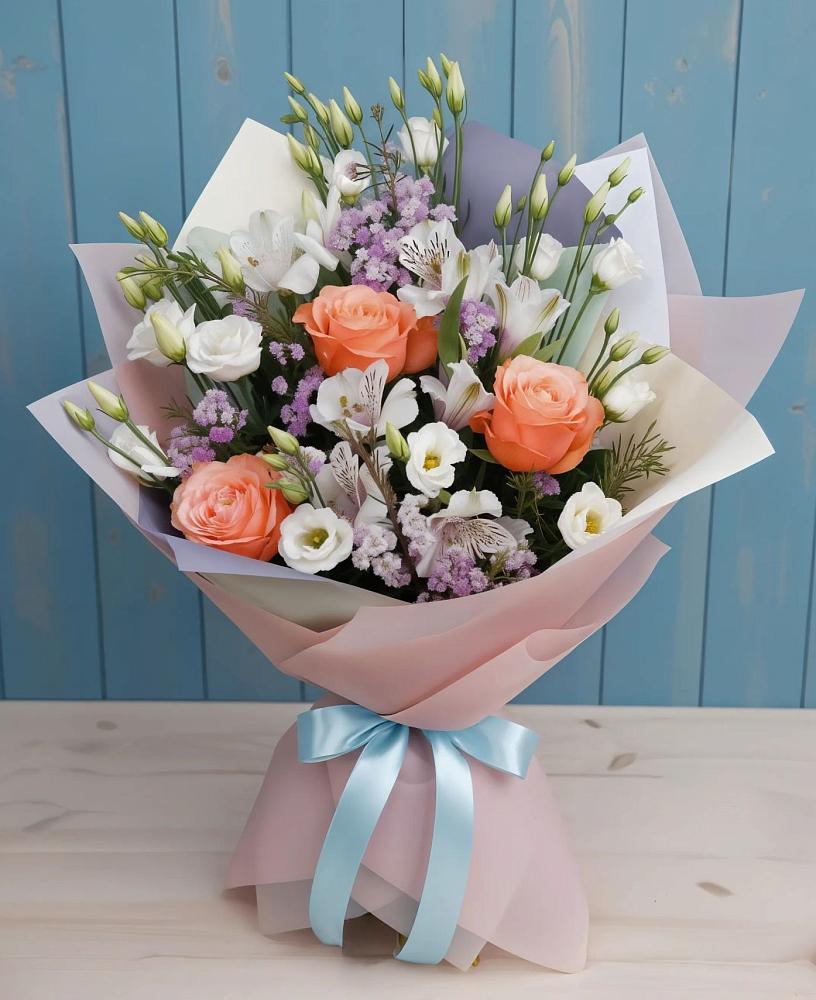 Букет цветов из: Лизиантусы, Розы, Альстромерии и Гипсофила в Устье Вологодская область