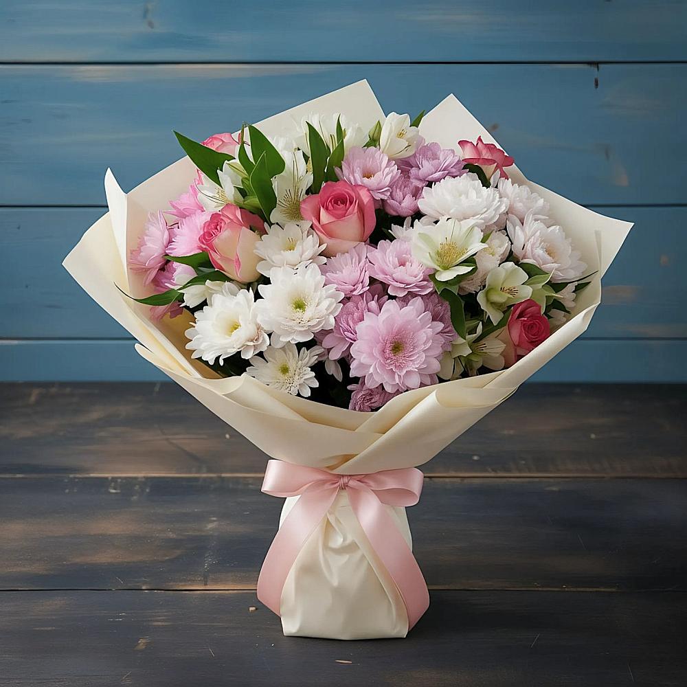 Букет цветов из: Хризантемы, Альстромерии и Розы в Устье Вологодская область